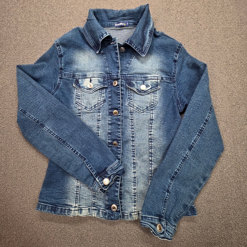 BrazilRoxx Womens Blue Denim Jacket Small Embroidered Back Rhinestone Stretch S